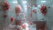 3D rendering of a bathroom with pink virus particles floating in the air