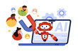 Social media marketing automation, AI tools to engage customers. Robot from laptop screen holding magnet to pull audience, attract traffic of visitors and clients cartoon vector illustration