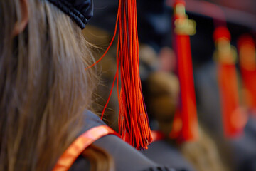 Wall Mural - Red graduation tassels during commencement ceremony.