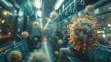 Fototapeta  - A 3D rendering of a virus particle on a subway train.