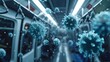Blue virus particles floating in the air in a subway train