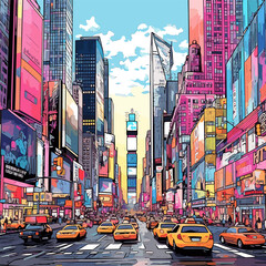 Wall Mural - Times Square. Times Square hand-drawn comic illustration. Vector doodle style cartoon illustration