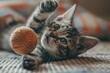 Cute kitten playing with a tan knitting ball against a cozy backdrop