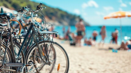 Poster - Parked bicycles near the sunny beach with blurred people. leisure and people concept, summer concept with copy space