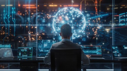 back view of businessman sitting at desk and looking at computer screens. technology concept.