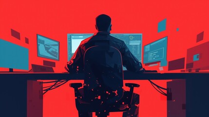 Red and blue illustration of a man working on a computer with multiple screens. Technology concept.