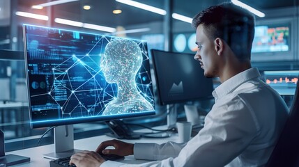 Side view of man sitting at desk and looking at computer screen. Technology concept.