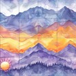 Watercolor tile pattern illustrating sun flares over mountain peaks, designed to seamlessly connect, showcasing nature's majesty. Seamless Pattern, Fabric Pattern, Tumbler Wrap, Mug Wrap.