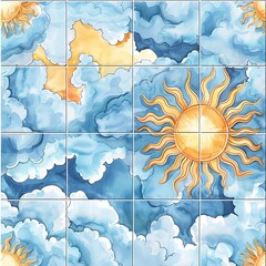 Canvas Print - Watercolor tile pattern featuring the sun encircled by clouds, with each piece seamlessly connecting to depict a tranquil sky. Seamless Pattern, Fabric Pattern, Tumbler Wrap, Mug Wrap.