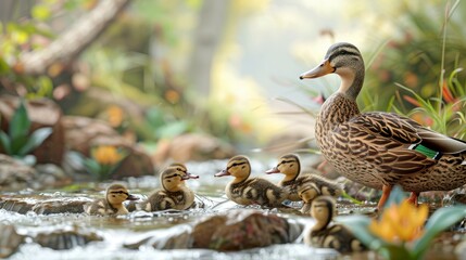 Wall Mural - A mother duck is leading her ducklings across a stream