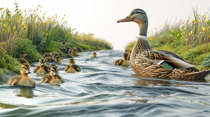 Wall Mural - A group of ducks are swimming in a river