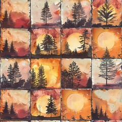 Poster - Watercolor tiles showcasing silhouettes of trees against a setting sun, each piece seamlessly blending warm sunset hues.Seamless Pattern, Fabric Pattern, Tumbler Wrap, Mug Wrap.