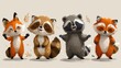 This cartoon cheerful animals modern set includes fox, rabbit, bird, bear, raccoon, porcupine, owl, and a rabbit dancing. This design is suitable for educational, entertainment, fabric, wallpaper,