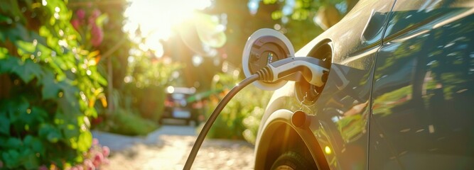 closeup of an electric car charging on road with sun shine and green trees