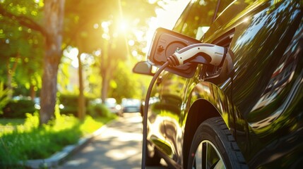 closeup of an electric car charging on road with sun shine and green trees