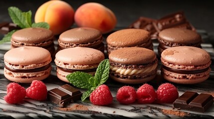 Canvas Print - Against a backdrop of timeless elegance, a collection of macarons tantalizes the palate: set on a luxurious marble surface-3