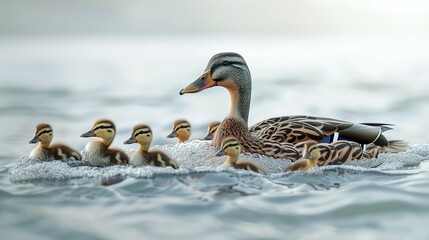 Canvas Print - A mother duck is leading her ducklings through the water