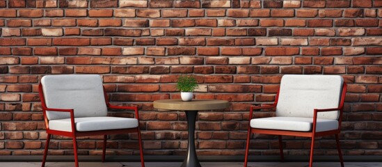 Two chairs and a table against a brick wall