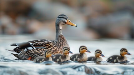 Canvas Print - A mother duck is leading her ducklings through the water