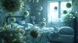 Bedroom with green glowing virus particles floating in the air