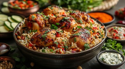 Sticker - Amidst the festivities of Ramadan, a sumptuous meal unfolds with aromatic Karahi chicken, flavorful Christmas biryani, and cooling raita-1