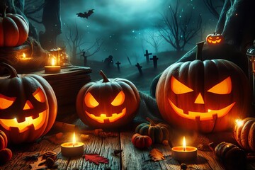 Wall Mural - group of pumpkins with their mouths open and lit candles on a wooden table