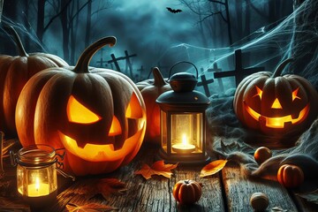 Wall Mural - Halloween scene with three pumpkins and a lantern