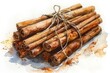 Inviting Cinnamon Sticks: A bundle of cinnamon sticks with their warm, woody aroma, painted in a realistic watercolor style with earthy tones and subtle water stains on a white background