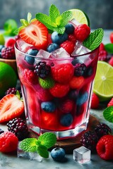 Sticker - glass of fruit punch with strawberries, blueberries, and lime