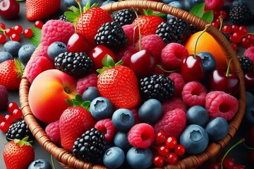 Wall Mural - basket full fruit including strawberries, blueberries, cherries