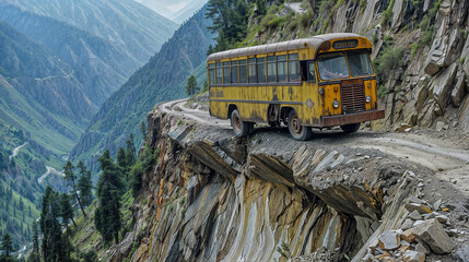 the old bus traveling along a dangerous narrow road high in mountains