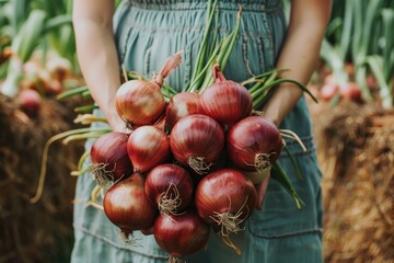 Wall Mural - Harvest Food. Woman Holding Fresh Organic Onion from Agriculture Garden