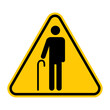 Elderly people warning sign. Vector illustration of yellow triangle sign with standing elderly man with cane icon inside. Priority access for old person.