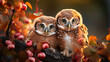Two adorable little owlets among autumn leaves. Generative ai.