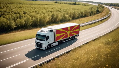 An Republic of Macedonia-flagged truck hauls cargo along the highway, embodying the essence of logistics and transportation in the Republic of Macedonia