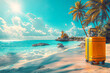 Vivid sand beach scene with a yellow suitcase suggests the start of a summer vacation. Tropical palms sway by the serene, calm sea, promising relaxation and escape. Copy space