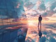 © CreativeCreations - A businessman stands atop a glass building, surrounded by magnificent reflections, with the sun setting against the city skyline.