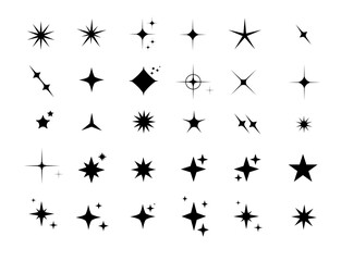 Sticker - Minimalist silhouette Star icons, star shape vector set. Abstract y2k sparkles. Twinkling stars, abstract sparkle black silhouettes symbol shining burst. Vector