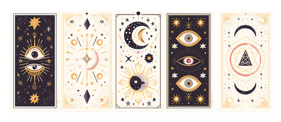 Boho style Tarot cards set ,magical moon and eyes.  Astrology, mystical and esoteric symbols.Vector illustration.