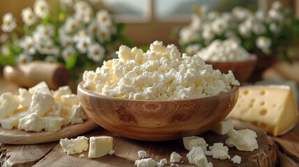 Wall Mural - With meticulous attention to detail, the camera captures the essence of dairy indulgence: a close-up shot reveals the velvety smoothness of milk, butter, cheese, and cottage cheese-2