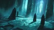 A mysterious ritual chamber with arcane symbols etched into the floor, wizards in cloaks summoning a spectral guardian, eerie blue light casting long shadows, fantasy adventure