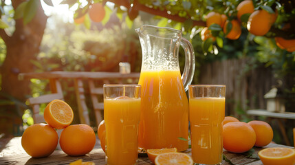 Wall Mural - Jug and glasses of freshly squeezed orange juice with oranges in an outdoor setting during summer,Glass jug and glasses with fresh orange juice on wooden table