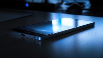 Detailed view of a modern cell phone placed on a table, showing the screen and buttons