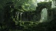 Ancient fortress hidden in a thick jungle, ruins covered in vines and moss, hinting at forgotten secrets and lost civilizations for adventure games.