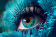 Abstract realistic blue eye digital artwork illustration close up minimal. Colourful fashionable futuristic style. Contemporary trendy surreal eye background for interior design