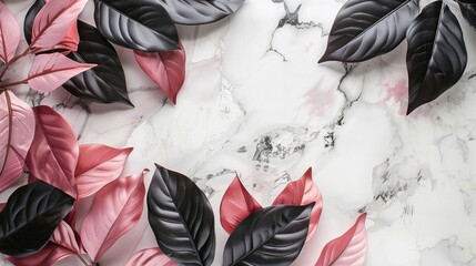 Wall Mural - Creative layout made of pink and black leaves on marble background. Minimal summer exotic concept with copy space