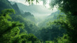 A serene landscape unfolds with bamboo forests, towering mountains, winding rivers, and radiant sunshine. The beauty of nature is captured in this scene, where particles dance in the air, enhancing 