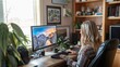 © Watie2781 - A blonde woman focused on her computer in a well-decorated, plant-filled home office with a mountain wallpaper.