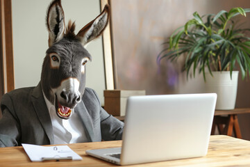 Shocked donkey with his mouth open in a store.A donkey sits at a desk with a laptop computer and a houseplant in a flowerpot. Generative AI