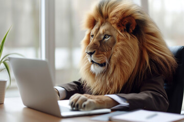 shocked lion in business suit. A Masai lion, a carnivorous mammal, is using a laptop computer at a desk. Generative AI
